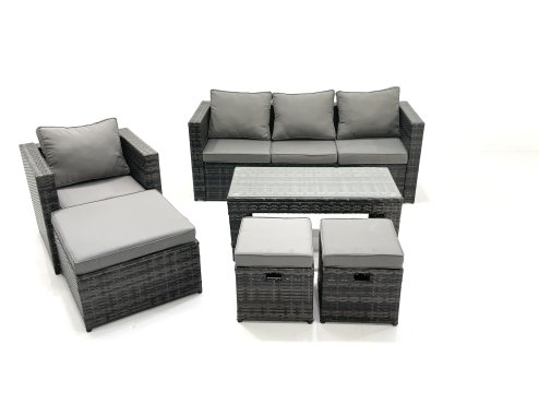Fimous Rattan Garden Furniture Set Outdoor Lounger Sofa with Coffee Table Armchair 3 Footstools Dark Grey Mixed