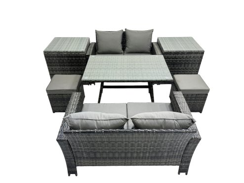 Fimous 6 Seater Wicker PE Rattan Furniture Outdoor Dining Table Double Seat Sofa 2 Small Stools 2 Side Table Set Dark Grey Mixed