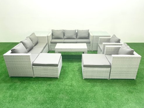Fimous Outdoor Garden Furniture Rattan Sofa Set with 2 Armchairs Oblong Coffee Table 2 Big Footstools 2 Side Tables Light Grey Mixed
