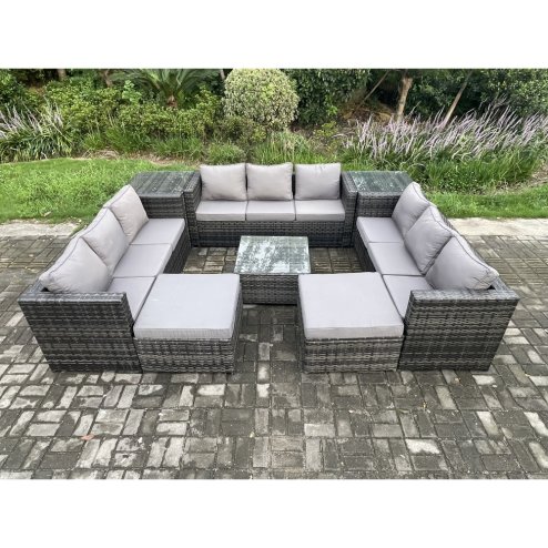 Fimous Outdoor Rattan Garden Furniture Set Patio Lounge Sofa Set with 2 Side Tables Square Coffee Table 2 Big Footstool Dark Grey Mixed