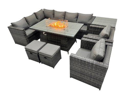 Fimous Rattan Garden Furniture Dining Set 10-seater Gas Firepit Dining Table Corner Sofa Set with 2 Small Stool Side Table Dark Grey Mixed