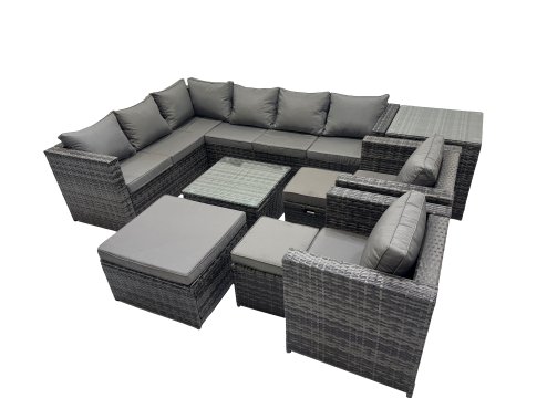 Fimous Rattan Garden Furniture Patio Furniture Sets with Corner Sofa Square Coffee Table 3 Footstools Side Table Dark Grey Mixed
