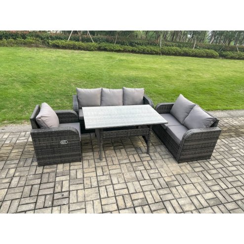 Fimous 6 Seater Garden Rattan Furniture Dining Table Sofa Set Indoor Outdoor with Reclining Chairs Dark Grey Mixed