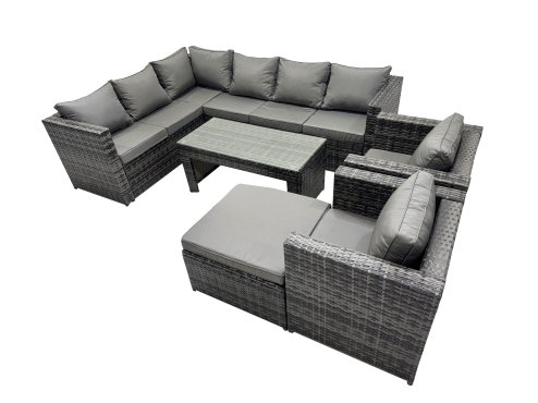 Fimous 6 Pieces Outdoor PE Rattan Garden Furniture Corner Sofa Oblong Coffee Table Set with Cushions Big Footstool Dark Grey Mixed