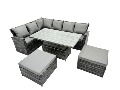 Fimous Poly Rattan Outdoor Patio Height Adjustable Rising Lifting Table Corner Sofa Set with 2 Big Stool for Garden Backyard Dark Grey Mixed