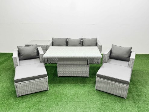 Fimous 7 PCs Rising Dining Table Set Rattan Furniture Set with 3 Seater Sofa Chair 2 Big Footstools Side Table Light Grey