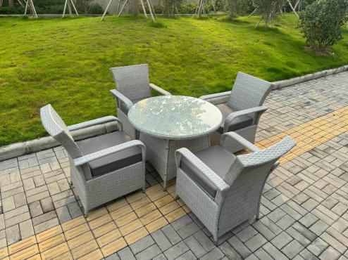 Fimous Rattan Garden Furniture Set with 1 Big Round Coffee Table & 4 Seater Chairs Light Grey Mixed