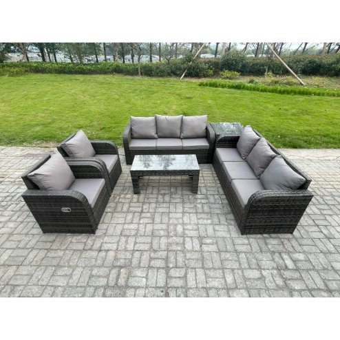 Fimous Wicker PE Rattan Sofa Set Outdoor Patio Garden Furniture with Reclining Chair Coffee Table Side Table Dark Grey Mixed