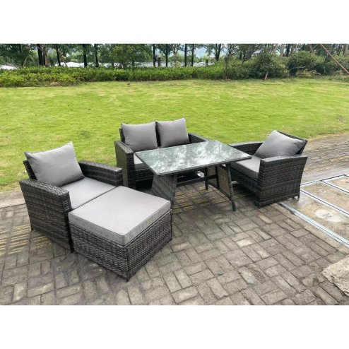 Fimous 5 Seater Outdoor Dark Grey Mixed High Back Rattan Sofa Dining Table Set Garden Furniture Big Footstool