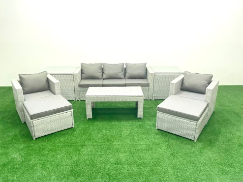 Fimous Rattan Garden Furniture Set 7 Seater Outdoor Garden Sofa 2 Chairs Oblong Coffee Table Set with 2 Stools 2 Side Tables Light Grey Mixed
