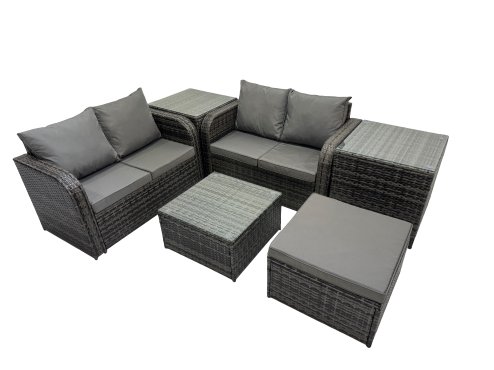 Fimous Rattan Garden Outdoor Furniture Set Love Sofa Square Coffee Table Set with 2 Side Table Big Stool Dark Grey Mixed