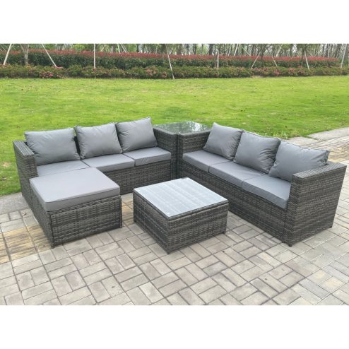 Fimous 7 Seater Dark Mixed Grey Rattan Corner Sofa Outdoor Garden Furniture With 2 Coffee Table Footstool