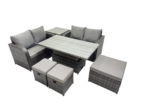 Fimous 7-seater Patio Height Adjustable Rising Lifting Table Sofa Sets Rattan Garden Furniture Dining Set with 3 Stools Side Table Dark Grey Mixed