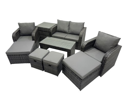 Fimous 3 Seater Sofa Reclining Chair Coffee Table Set Rattan Garden Outdoor Furniture Set with 2 Side Tables 4 Stool Dark Grey Mixed