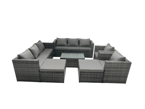 Fimous Rattan Garden Furniture Dining Set 10-seater Patio Coffee Table Sofa Set with 2 Big Stools Dark Grey Mixed