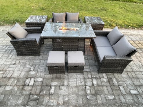 Fimous 7 Seater Rattan Outdoor Garden Furniture Gas Fire Pit Table Sets Gas Heater with Love Sofa Armchair 2 Small Footstools 2 Side Tables Dark Mixed Grey