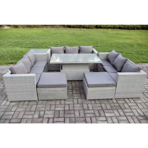 Fimous 11 Seater Outdoor PE Rattan Garden Funiture Set Height Adjustable Rising Lifting Table Sofa Dining Set with Side Table 2 Big Footstools