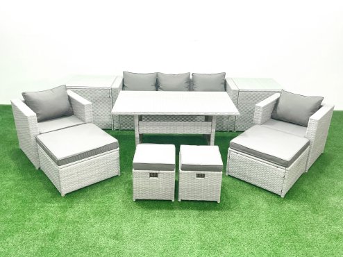 Fimous Rattan Garden Furniture Set Outdoor 9 Seater Patio Dining Sets with Glass Top Dining Table and 2 Side Tables Light Grey Mixed
