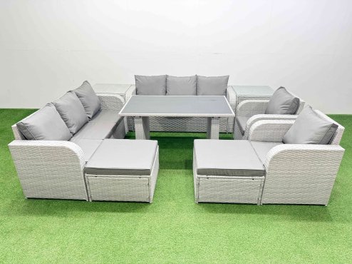 Fimous 10 Seater Wicker PE Rattan Furniture Outdoor Dining Table 3 Seater Sofa Reclining Chair Set with 2 Side Tables 2 Big Stools Light Grey