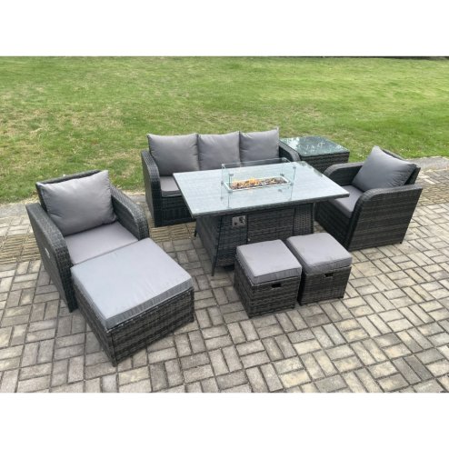 Fimous Wicker Rattan Garden Furniture Sofa Set Gas Fire Pit Dining Table Indoor Outdoor with Side Table Chair 3 Footstools