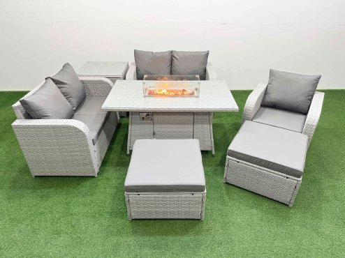Fimous High Back Poly Rattan Garden Furniture Set with Reclining Chair Loveseat Sofa Firepit Dining Table Indoor Outdoor Patio Set 2 Big Stool Side Table Light Grey