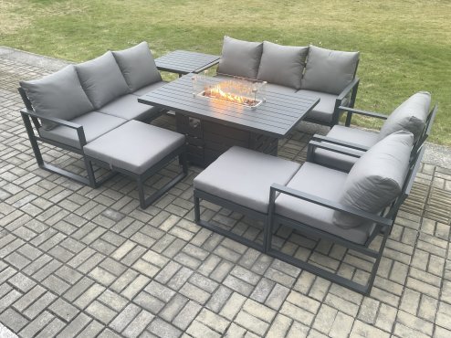 Fimous Aluminium Outdoor Garden Furniture Set Patio Lounge Sofa Gas Fire Pit Dining Table Set with Side Table 2 Big Footstools Dark Grey