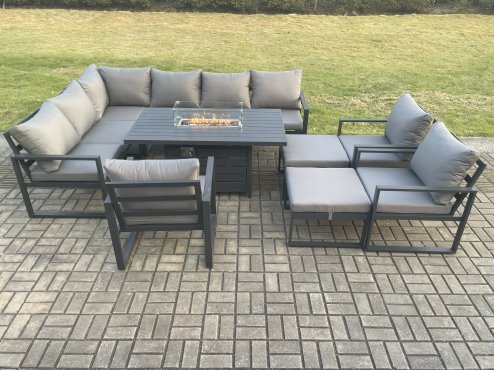 Fimous Aluminium Patio Outdoor Garden Furniture Corner Sofa Set Gas Fire Pit Dining Table with 3 Chairs 2 Big Footstools Dark Grey