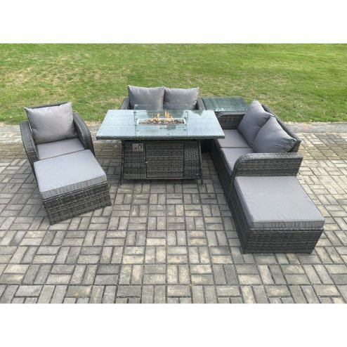 Fimous Outdoor Sofa Rattan Garden Furniture Set Patio Gas Fire Pit Dining Table and Reclining Chair set with Side Tables 2 Big Footstool Dark Grey Mixed