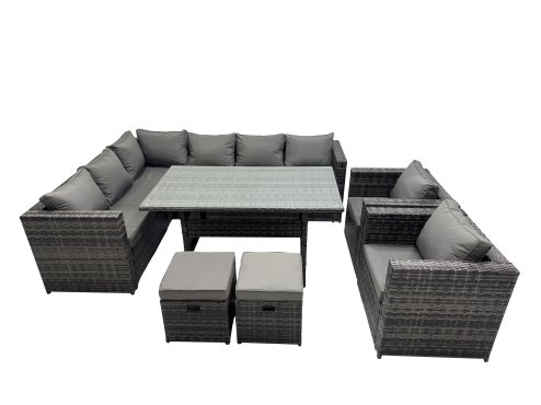 Fimous Outdoor PE Rattan Sofa Set with Dining Table Patio Garden Furniture Sets with 2 Chairs 2 Small Stools Dark Grey Mixed
