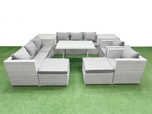 Fimous 10 Seater Garden Furniture Set PE Ratten Garden Sofa Set with Rectangular Dining Table 2 Big Stool 2 Side Tables Light Grey