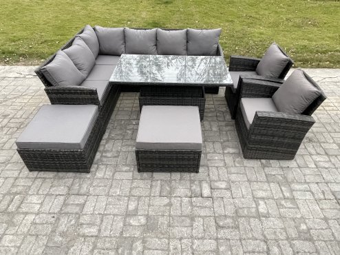 Fimous Outdoor Garden Furniture Set Wicker PE Rattan Height Adjustable Rising Lifting Table Sofa Dining Set with 2 Big Footstool 2 Armchairs Dark Grey Mixed