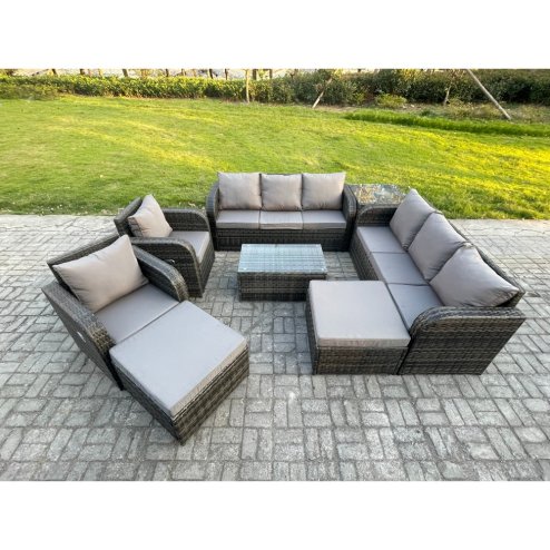 Fimous 10 Seater Rattan Outdoor Garden Furniture Sofa Set Patio Table & Chairs Set with 3 Seater Sofa Reclining Chair 2 Big Footstool 3 Seater Sofa Side Table Dark Grey Mixed