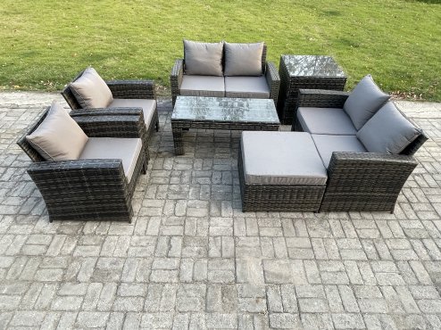 Fimous 7 Seater Dark Grey Mixed High Back Rattan Sofa Set Coffee Table Garden Furniture Outdoor Patio With Love Sofa Arm Chairs Big footstool Side Table