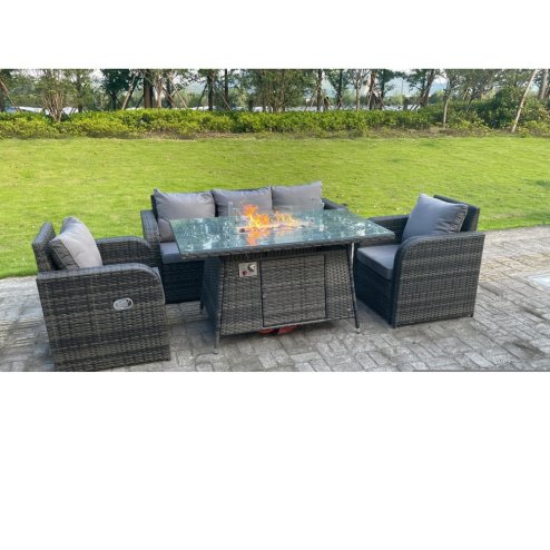 Fimous Dark Mixed Grey Rattan Outdoor Garden Furniture Gas Fire Pit Table Gas Heater Sets Lounge Sofa Reclining Adjustable Chairs 5 Seater