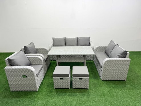 Fimous PE Rattan Garden Furniture Set Reclining Chair Sofa Double Love Seat 2 Seater Sofa Lounge Set Rectangular Dining Table 2 Stools Light Grey