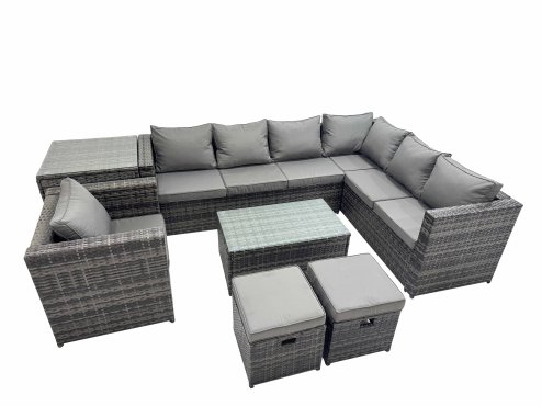 Fimous Patio Sofa Oblong Coffee Table Set Rattan Garden Furniture Set with Chair Side Table Dark Grey Mixed