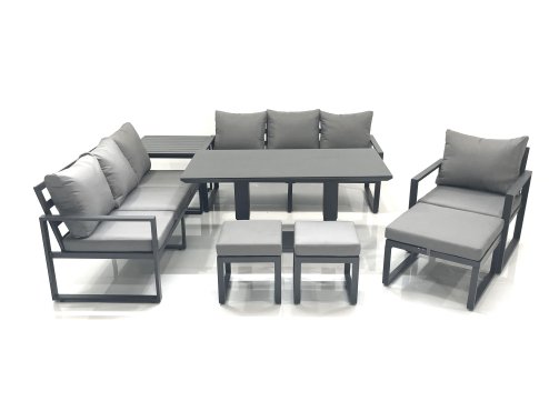 Fimous Outdoor Garden Furniture Set Aluminium Lounge Sofa Adjustable Rising Lifting Dining Table Sets with 3 Footstools Side Table Dark Grey