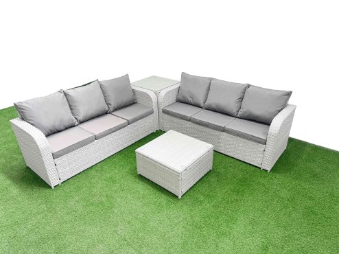 Fimous Outdoor Garden Furniture Sets 6 Seater Wicker Rattan Furniture Sofa Sets with Square Coffee Table high Back Lounge Sofa Side Table Light Grey