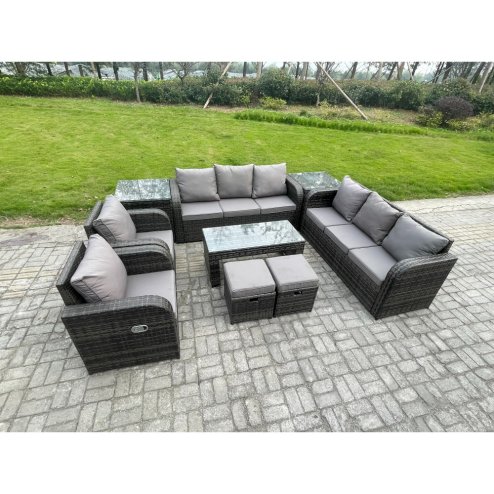 Fimous Wicker PE Rattan Sofa Set 10 Seater Outdoor Patio Garden Furniture Set with 2 Reclining Chairs Coffee Table 2 Side Tables 2 Small Footstools Dark Grey Mixed