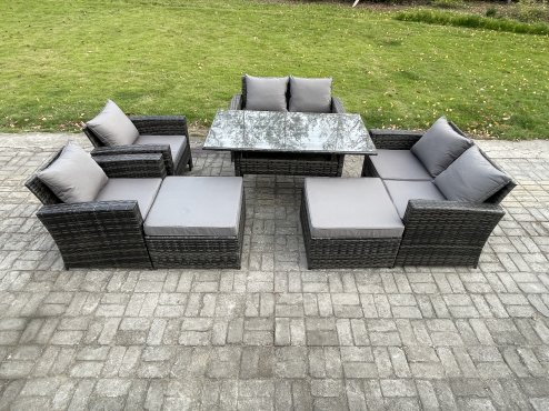 Fimous 8 Seater High Back Outdoor Garden Furniture Rattan Sofa Dining Table Set with Armchair 2 Big Footstool Dark Grey Mixed