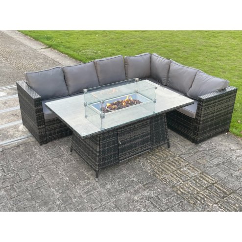 Fimous Outdoor Rattan Garden Corner Sofa Set Garden Furniture Gas Fire Pit Table Dining Sets Gas Heater Lounge Dark Grey 6 Seater