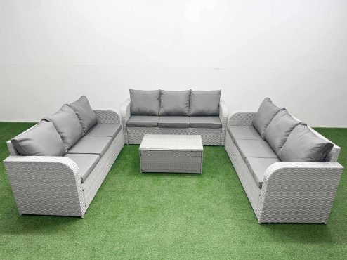 Fimous PE Rattan Lounge Sofa Set 9 Seater Outdoor Garden Furniture Set with Rectangular Coffee Table 3 Seater Sofa Light Grey