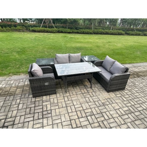 Fimous Lounge Rattan Sofa Set Outdoor Garden Furniture Oblong Rectangular Dining Table With Chairs 2 Side Tables Dark Grey Mixed