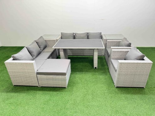Fimous 9 Seater Wicker PE Rattan Furniture Outdoor Dining Table 3 Seater Sofa Armchair Set with 2 Side Tables Big Stool Light Grey