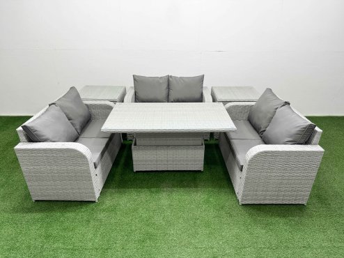 Fimous 6 Seater PE Wicker Rattan Furniture Sofa Sets with Adjustable Lifting Dining or Coffee Table 2 Seater Love Sofa 2 Side Table Light Grey