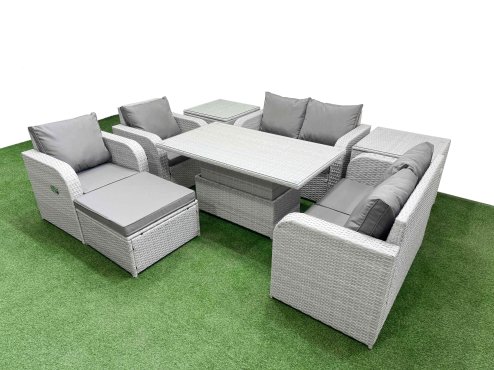 Fimous 7 Seater Outdoor Reclining Chair Love Sofa Set Rattan Garden Furniture Set with Adjustable Lifting Dining or Coffee Table Footstool 2 Side Tables Light Grey