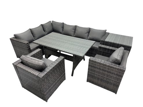 Fimous Outdoor PE Rattan Sofa Set with Dining Table Patio Garden Furniture Sets with Side Table Dark Grey Mixed