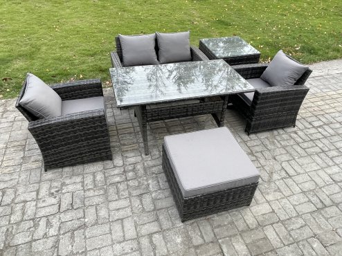 Fimous PE Wicker Outdoor Garden Furniture Set Patio Furniture Rattan Rectangular Dining Table Lounge Sofa with Big Footstool Side Table