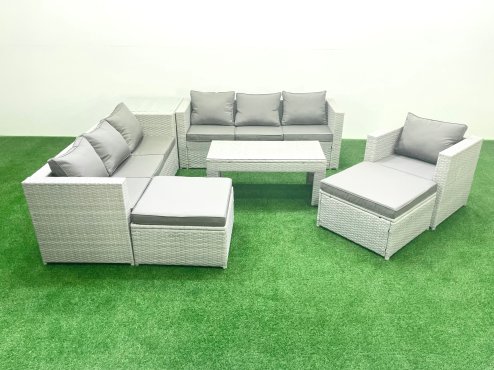 Fimous Wicker PE Rattan Sofa Garden Furniture Set with Oblong Coffee Table Armchair 2 Big Footstools Side Table Light Grey Mixed