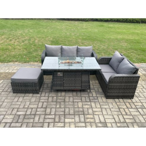 Fimous PE Wicker Outdoor Rattan Garden Furniture Set Propane Gas Fire Pit Table and Sofa set with Big Footstool